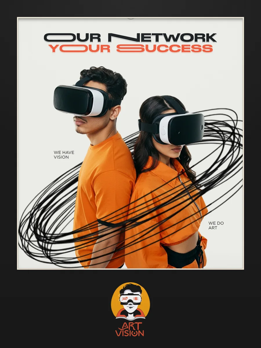 Art Vision launch poster: two people in orange wearing VR headsets inside a black scribble.