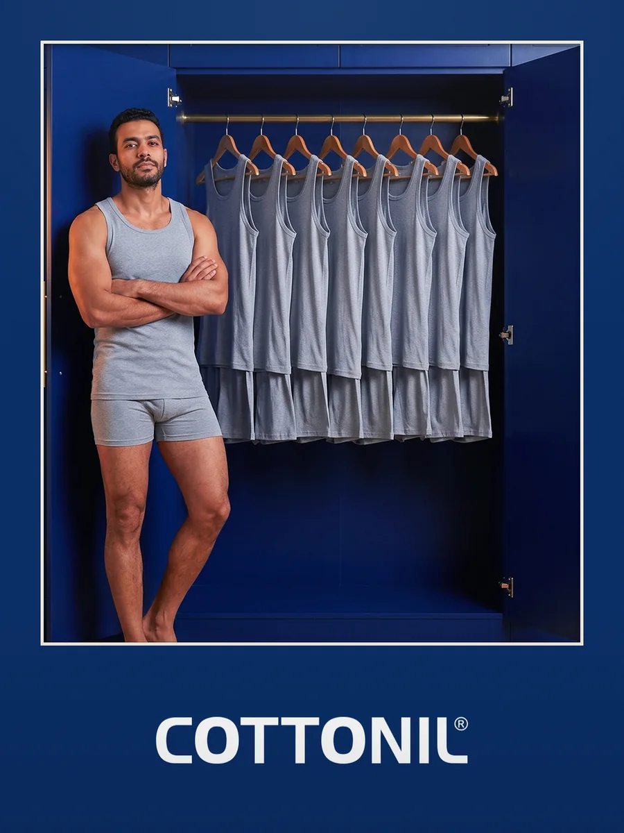 Cottonil key image: a man in a grey set beside an open wardrobe on the brand’s royal blue, the Cottonil wordmark below.