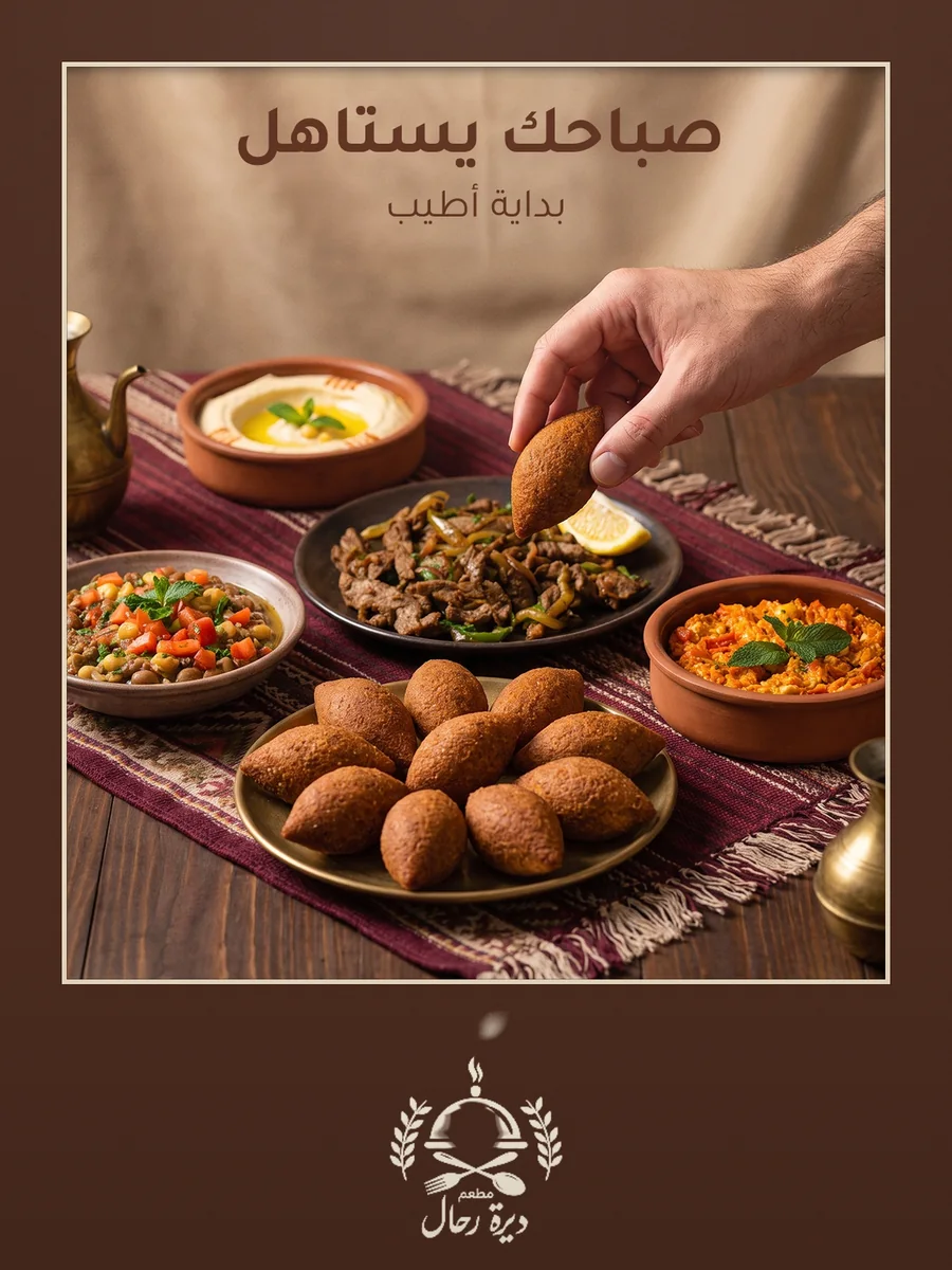 Deira Rahhal: a hand lifting a kibbeh from a breakfast spread on a burgundy runner, the line “صباحك يستاهل”.