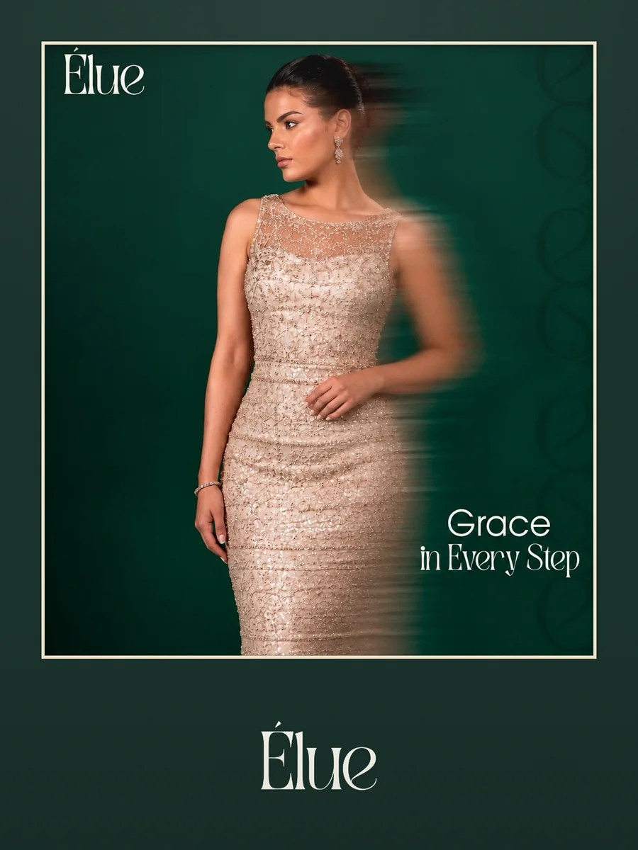 Élue key image: a model in a beaded champagne gown against the house emerald, the Élue wordmark below.