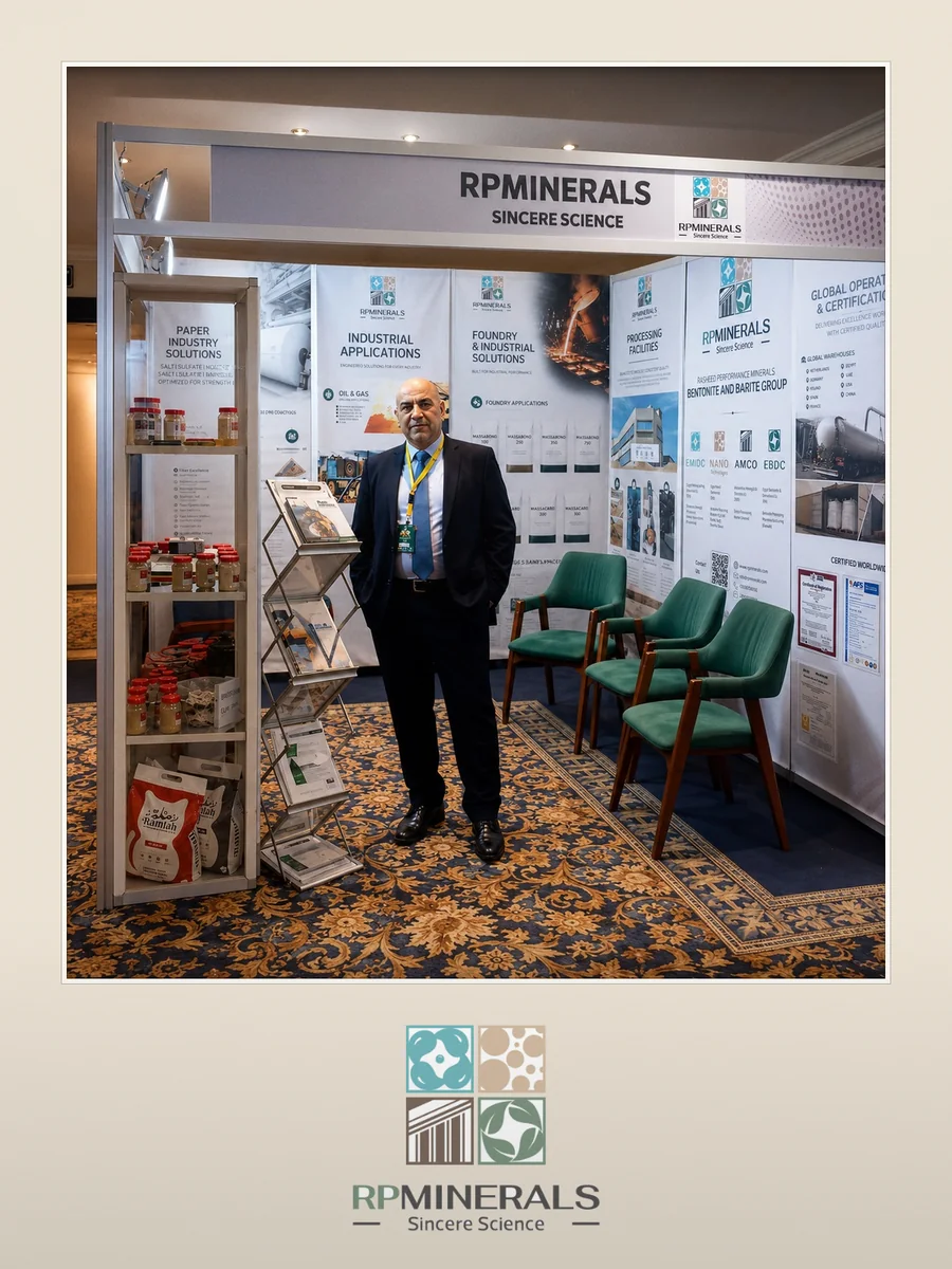 RP Minerals key image: the group’s exhibition stand with its roll-up panels, the logo below.