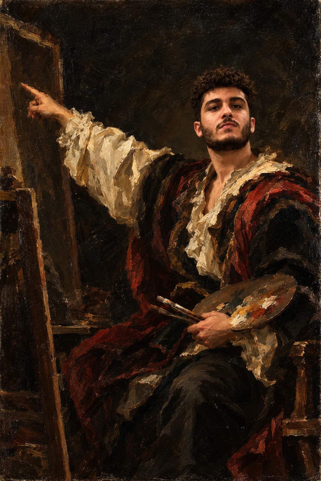 Oil sketch of Ammar at the easel, pointing at the canvas.