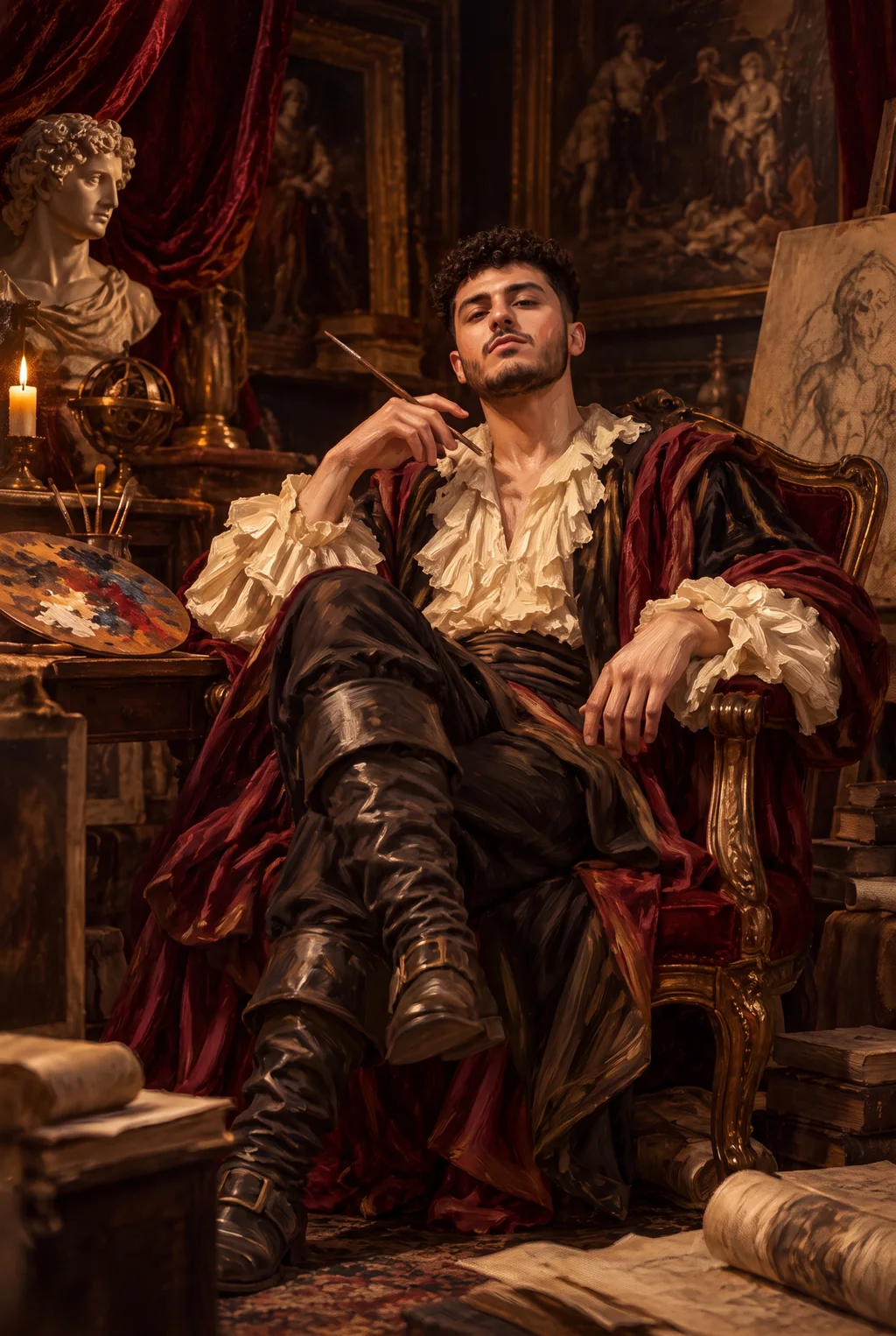Ammar Ahmed, painted as a Renaissance artist, seated in a gilded chair in his studio with a brush in hand.