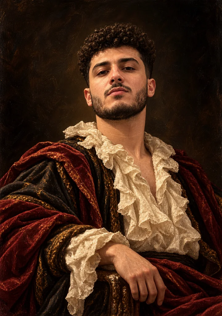 Painted portrait of Ammar Ahmed in a red velvet cloak and lace collar.